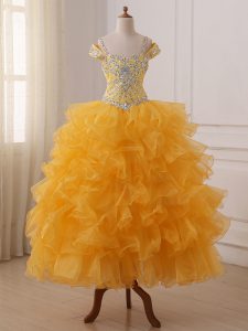 Attractive Floor Length Gold Little Girls Pageant Dress Wholesale Off The Shoulder Sleeveless Lace Up