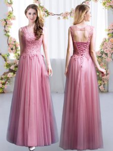 Sleeveless Tulle Floor Length Lace Up Quinceanera Court of Honor Dress in Pink with Lace