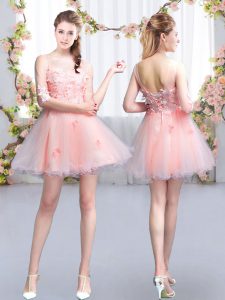Pink Lace Up Scoop Appliques Quinceanera Court of Honor Dress Tulle Half Sleeves