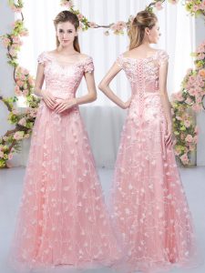 Lovely Pink Empire Tulle Off The Shoulder Cap Sleeves Appliques Floor Length Lace Up Dama Dress for Quinceanera
