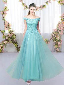 Extravagant Aqua Blue Off The Shoulder Neckline Lace Court Dresses for Sweet 16 Sleeveless Lace Up