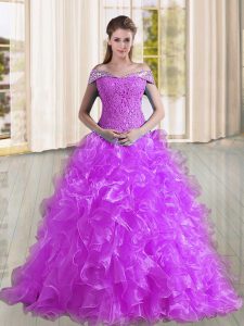 Fancy Purple Off The Shoulder Neckline Beading and Lace and Ruffles Sweet 16 Quinceanera Dress Sleeveless Lace Up