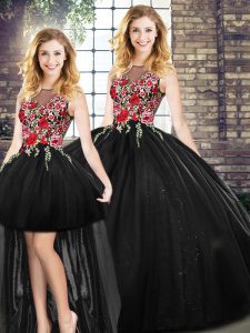 Flirting Floor Length Zipper Quinceanera Gowns Black for Military Ball and Sweet 16 and Quinceanera with Embroidery