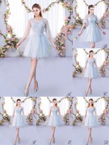 Free and Easy Grey A-line Scoop 3 4 Length Sleeve Tulle Mini Length Lace Up Lace Dama Dress for Quinceanera