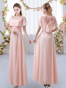 Graceful Pink Empire Scoop Short Sleeves Chiffon Floor Length Zipper Appliques Quinceanera Dama Dress