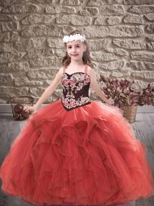 Red Little Girls Pageant Gowns Party and Wedding Party with Embroidery and Ruffles Straps Sleeveless Lace Up