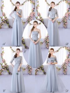 Grey Empire Tulle V-neck Sleeveless Appliques Floor Length Lace Up Dama Dress for Quinceanera