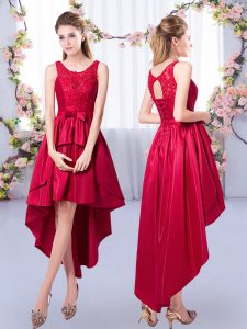 Custom Design Red A-line Scoop Sleeveless Satin High Low Lace Up Appliques Quinceanera Dama Dress