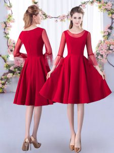 Knee Length Red Quinceanera Court Dresses Satin 3 4 Length Sleeve Ruching