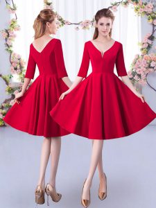 Red A-line Ruching Vestidos de Damas Zipper Satin Half Sleeves Knee Length