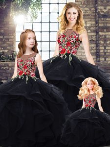 Custom Design Ball Gowns Sweet 16 Dresses Black Bateau Tulle Sleeveless Floor Length Lace Up