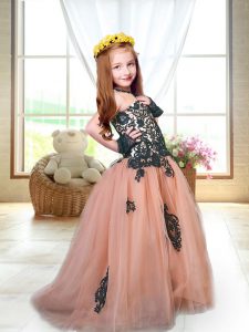 Custom Fit Brush Train A-line High School Pageant Dress Peach Spaghetti Straps Tulle Sleeveless Lace Up