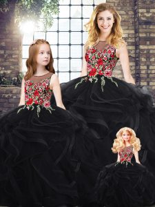 Classical Black Ball Gowns Scoop Sleeveless Embroidery and Ruffles Floor Length Zipper Sweet 16 Dresses