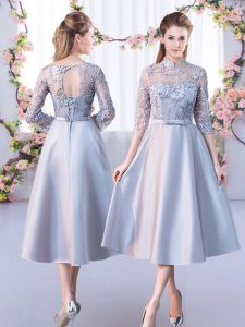 Chic High-neck Half Sleeves Court Dresses for Sweet 16 Tea Length Lace Silver Satin