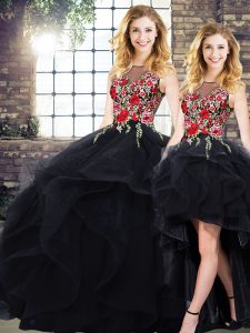 Elegant Floor Length Black Ball Gown Prom Dress Tulle Sleeveless Beading and Embroidery