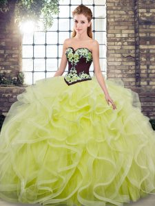 Sweetheart Sleeveless Sweep Train Lace Up Quinceanera Gowns Yellow Green Tulle