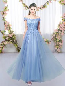 Admirable Blue Lace Up Off The Shoulder Lace Dama Dress Tulle Sleeveless