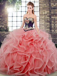 Dramatic Sweetheart Sleeveless Vestidos de Quinceanera Sweep Train Embroidery and Ruffles Watermelon Red Tulle
