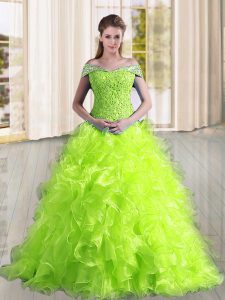 Pretty Yellow Green A-line Beading and Lace and Ruffles Quinceanera Gowns Lace Up Organza Sleeveless