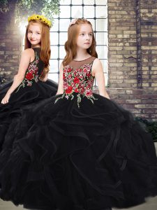 Scoop Sleeveless Tulle Kids Pageant Dress Embroidery and Ruffles Sweep Train Zipper