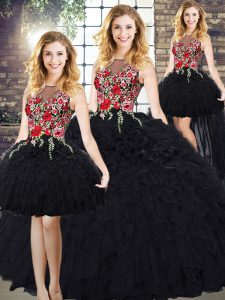 Luxury Black Sweet 16 Quinceanera Dress Organza Sleeveless Embroidery and Ruffles