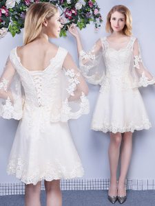 Charming Scoop 3 4 Length Sleeve Lace Up Quinceanera Court of Honor Dress White Tulle