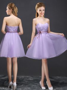 Pretty Sleeveless Organza Mini Length Lace Up Quinceanera Dama Dress in Lavender with Lace