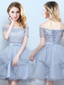 Grey Lace Up Off The Shoulder Lace and Ruffles and Belt Damas Dress Organza Short Sleeves