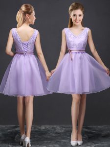 Top Selling Lace and Appliques and Belt Quinceanera Court Dresses Lavender Lace Up Sleeveless Mini Length