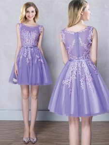 Nice Lavender Quinceanera Court Dresses Prom and Party and Wedding Party with Appliques and Belt Scoop Sleeveless Zipper