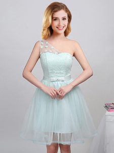 Gorgeous Apple Green Tulle Lace Up One Shoulder Sleeveless Mini Length Quinceanera Court Dresses Lace and Appliques and Belt