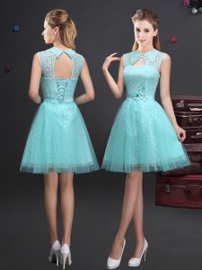 Ideal Aqua Blue Tulle Lace Up High-neck Sleeveless Mini Length Court Dresses for Sweet 16 Lace and Appliques and Belt