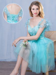 Superior Aqua Blue Short Sleeves Lace and Appliques and Bowknot Knee Length Court Dresses for Sweet 16