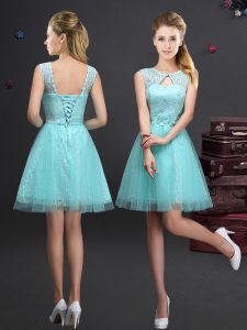 Sophisticated Scoop Aqua Blue Sleeveless Mini Length Lace and Appliques and Belt Lace Up Quinceanera Dama Dress