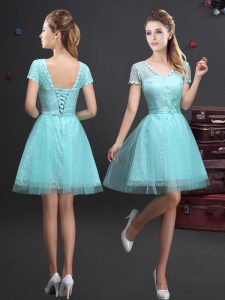 Short Sleeves Lace Up Mini Length Lace and Appliques and Belt Quinceanera Court Dresses