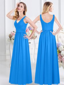 Discount V-neck Sleeveless Damas Dress Floor Length Ruching Baby Blue Chiffon