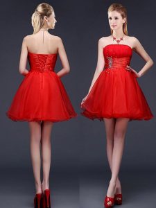 Latest Strapless Sleeveless Lace Up Quinceanera Court of Honor Dress Red Organza
