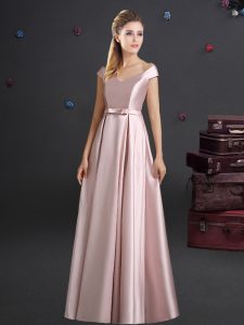 Pretty Off The Shoulder Cap Sleeves Quinceanera Court Dresses Floor Length Bowknot Pink Elastic Woven Satin