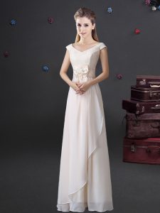 Chiffon Cap Sleeves Floor Length Dama Dress for Quinceanera and Lace and Bowknot