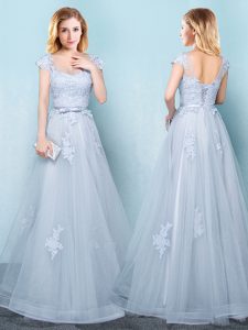 Scoop Light Blue Cap Sleeves Tulle Lace Up Dama Dress for Quinceanera for Prom and Party and Wedding Party