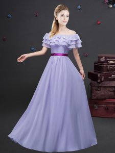 Inexpensive Off the Shoulder Floor Length Lavender Dama Dress Chiffon Short Sleeves Ruffled Layers and Belt