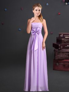 Lavender Empire Strapless Sleeveless Chiffon Floor Length Zipper Ruching and Bowknot Quinceanera Court of Honor Dress