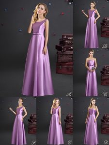 Custom Fit Square Sleeveless Elastic Woven Satin Floor Length Zipper Damas Dress in Lilac with Bowknot
