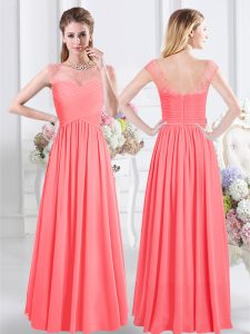 Watermelon Red Court Dresses for Sweet 16 Prom with Lace and Ruching Scoop Cap Sleeves Zipper