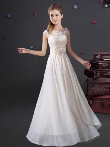 White Chiffon Zipper Scoop Sleeveless Floor Length Vestidos de Damas Lace and Appliques and Bowknot