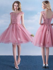 Scoop Appliques and Belt Damas Dress Pink Lace Up Cap Sleeves Knee Length