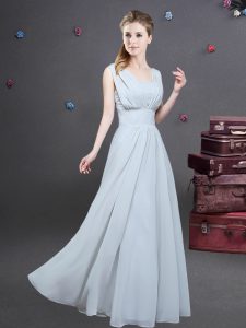Enchanting Square Grey Sleeveless Ruching Floor Length Court Dresses for Sweet 16