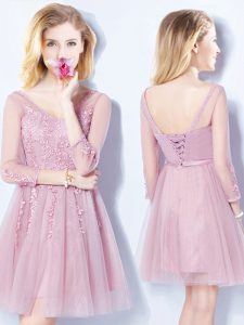 Cheap Pink Sleeveless Mini Length Appliques and Belt Lace Up Court Dresses for Sweet 16