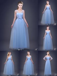 On Sale Light Blue Empire Beading and Appliques and Ruching and Bowknot and Hand Made Flower Quinceanera Court Dresses Lace Up Tulle Sleeveless Floor Length