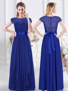 Scoop Royal Blue Short Sleeves Floor Length Lace and Belt Zipper Quinceanera Court Dresses